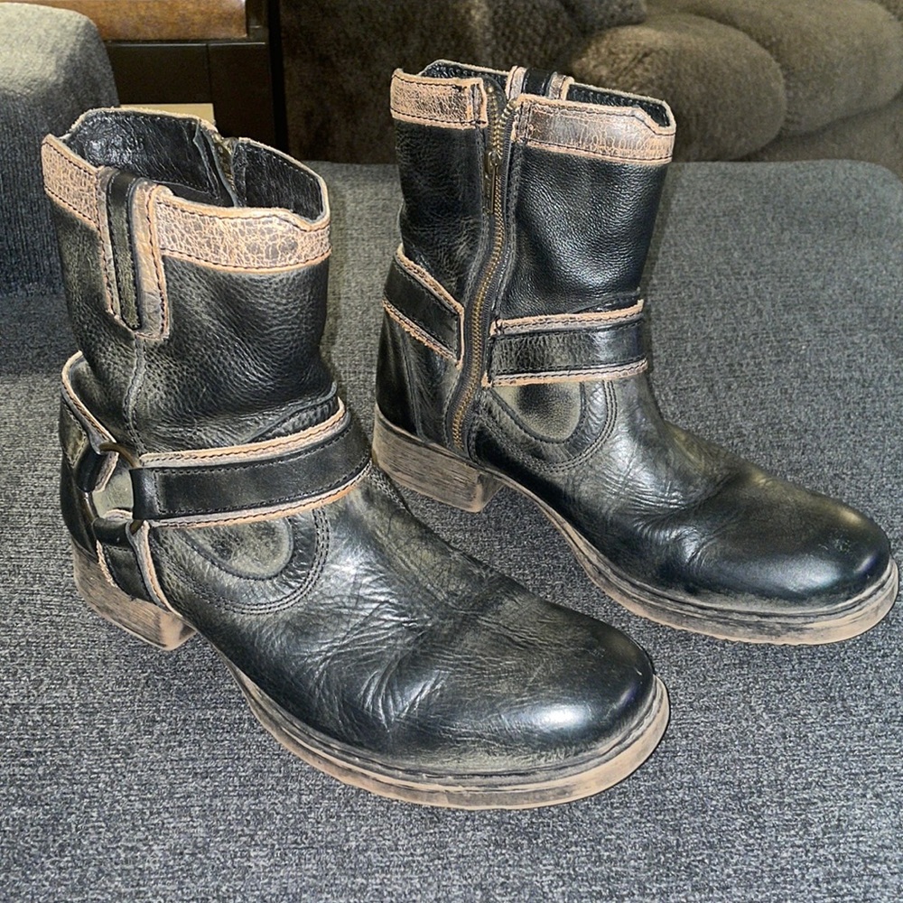 Distressed genuine leather side zip boot.